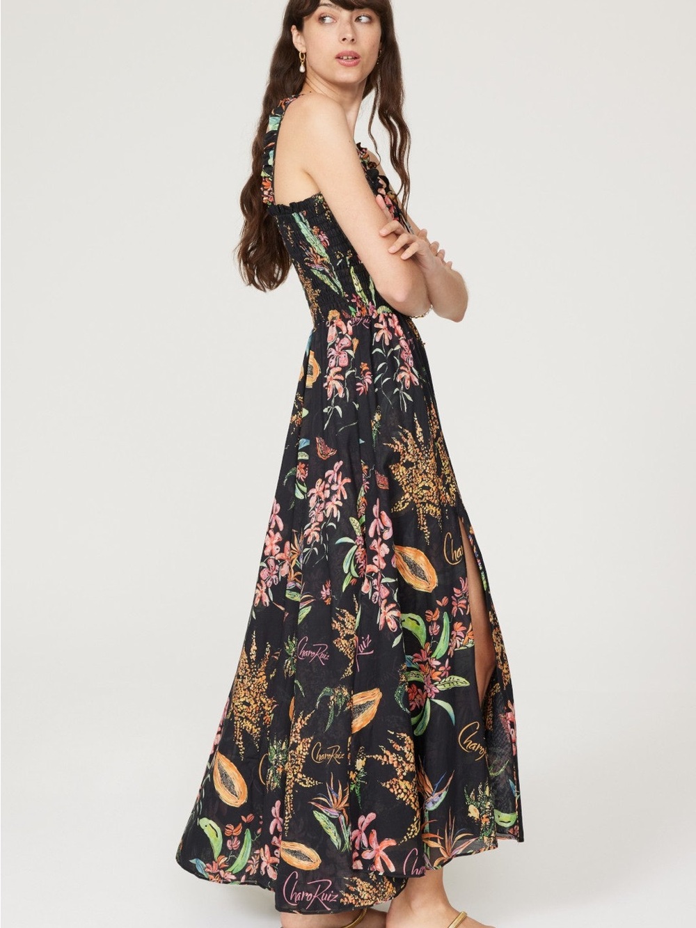 Charo Ruiz Black Tropical Floral Maxi Dress with Front Slits missing tie/lace M
